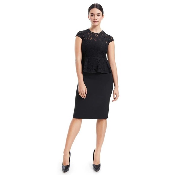 Project Gravitas Cap Sleeve Lace Peplum Sheath Knee Length Midi Dress Black - 6 - Picture 2 of 7